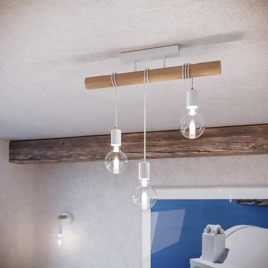 Set plafoniera + 2 applique in metallo bianco con supporti in legno
