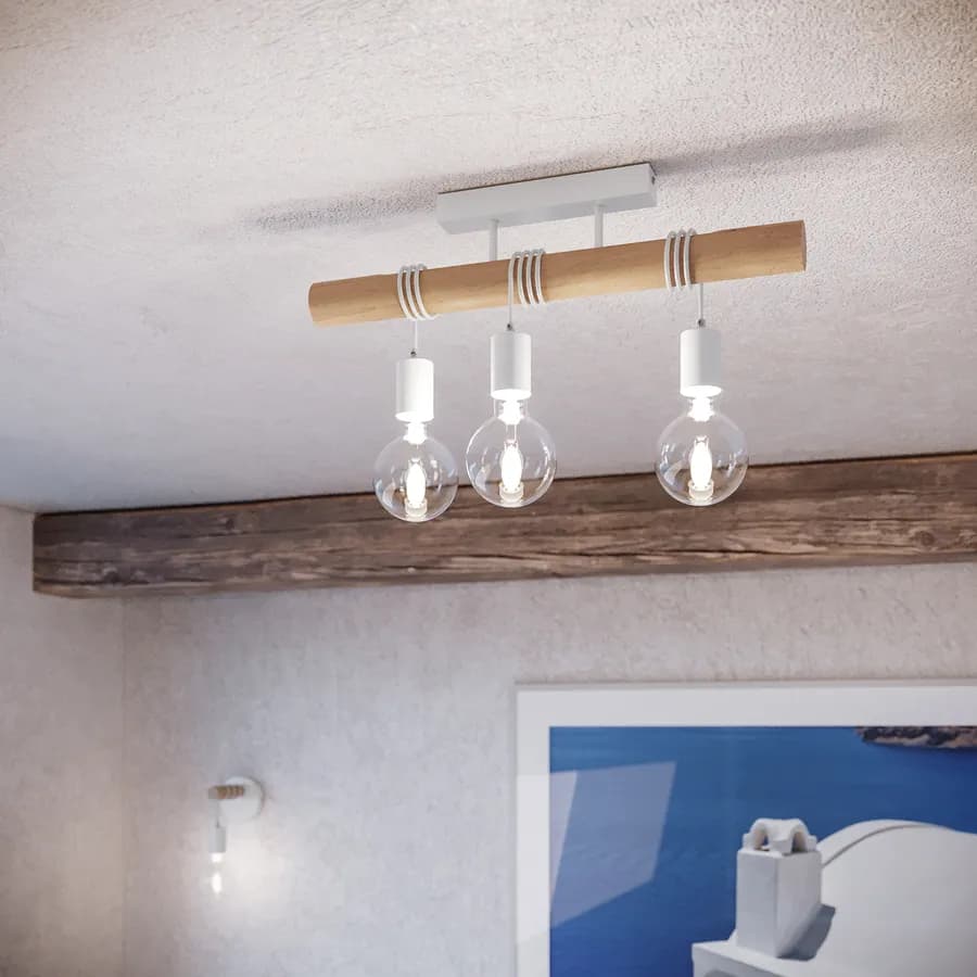 Set plafoniera + 2 applique in metallo bianco con supporti in legno