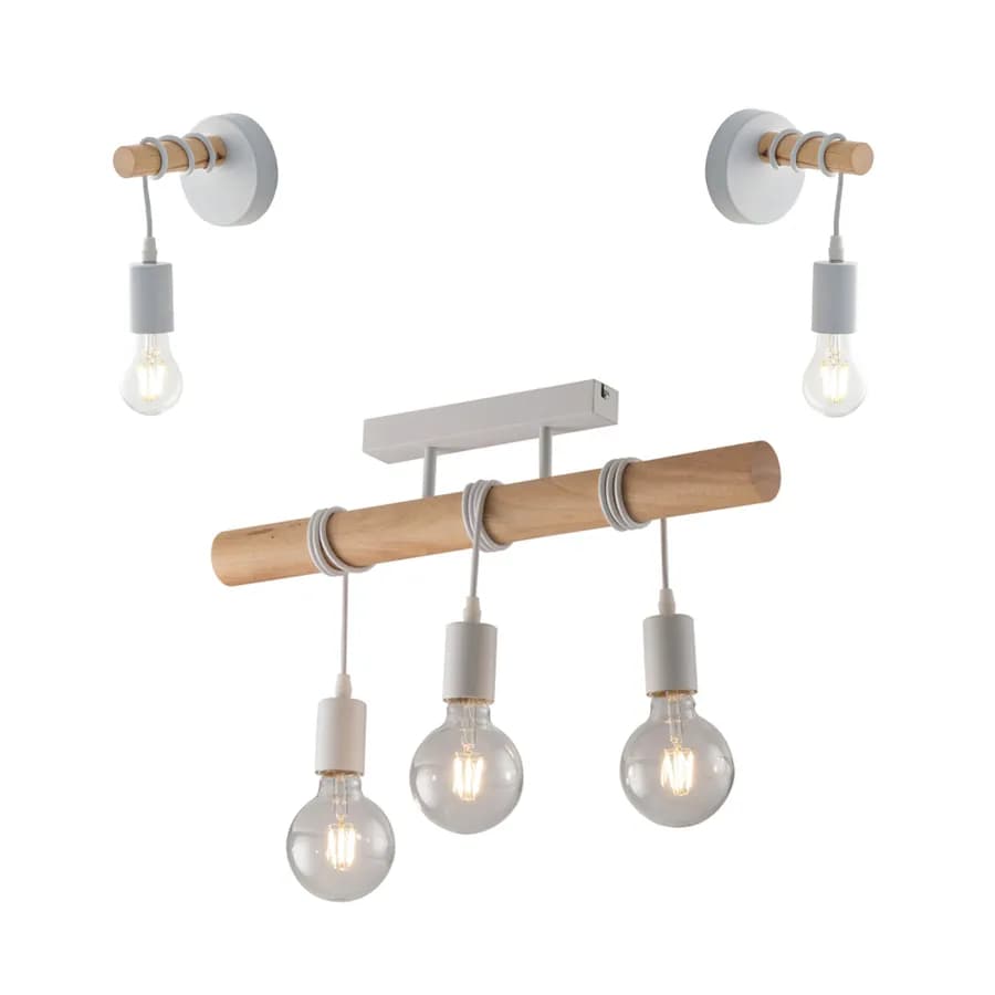 Set plafoniera + 2 applique in metallo bianco con supporti in legno