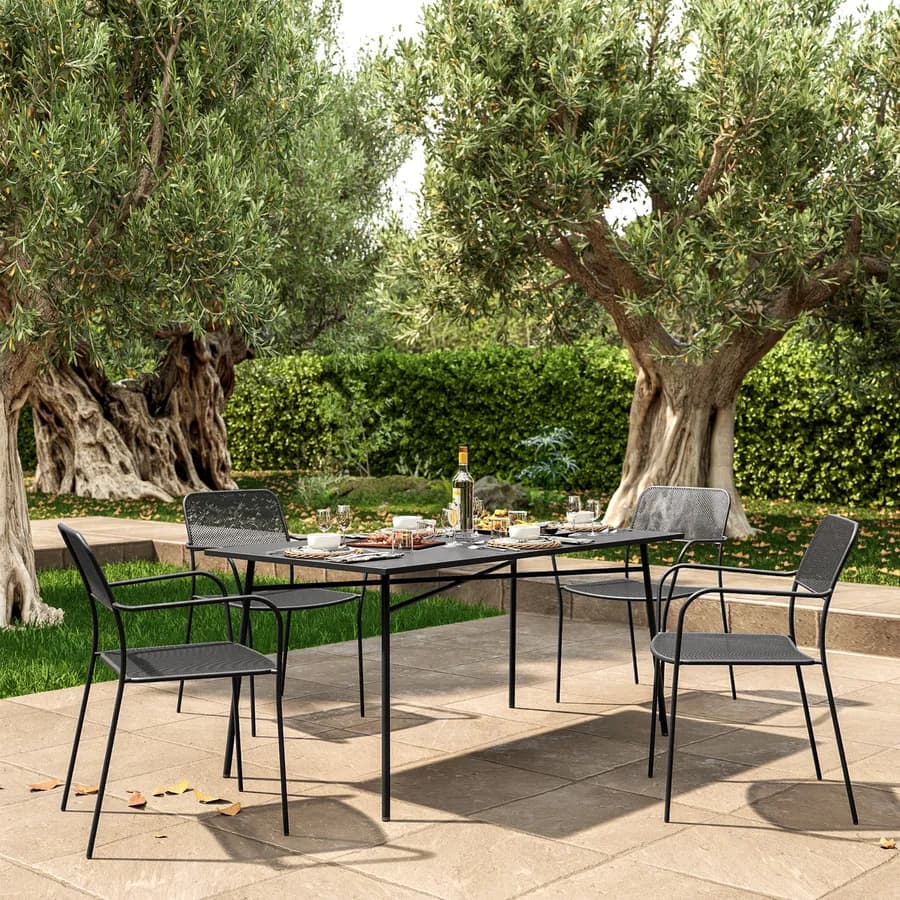 Set pranzo con tavolo 150x80 cm e 4 sedie con braccioli in acciaio nero - Faber