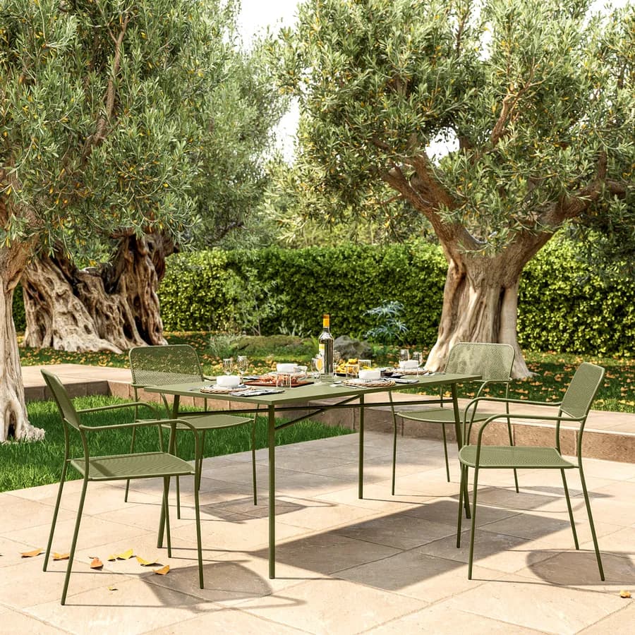 Set pranzo con tavolo 150x80 cm e 4 sedie con braccioli in acciaio verde oliva - Faber