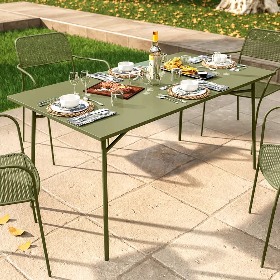 Set pranzo con tavolo 150x80 cm e 4 sedie con braccioli in acciaio verde oliva - Faber