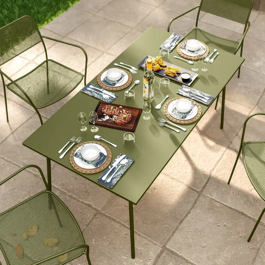 Set pranzo con tavolo 150x80 cm e 4 sedie con braccioli in acciaio verde oliva - Faber
