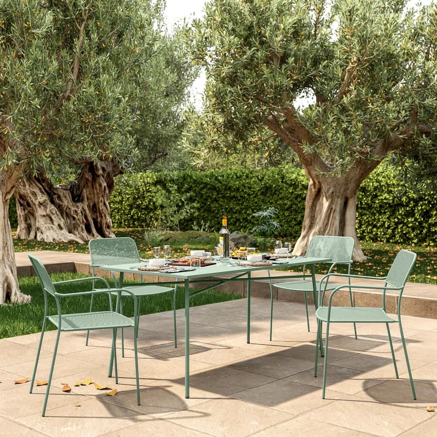 Set pranzo con tavolo 150x80 cm e 4 sedie con braccioli in acciaio verde marino - Faber