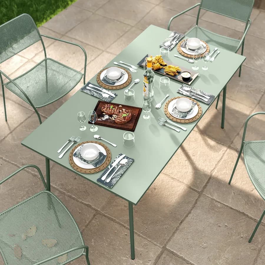Set pranzo con tavolo 150x80 cm e 4 sedie con braccioli in acciaio verde marino - Faber