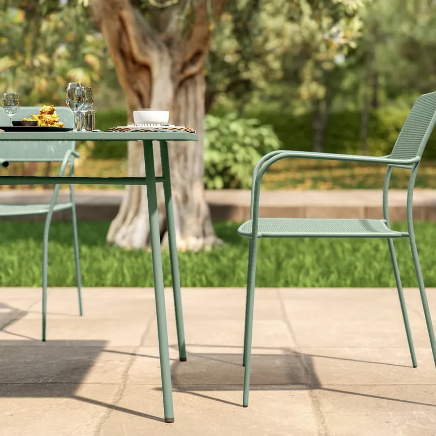 Set pranzo con tavolo 150x80 cm e 4 sedie con braccioli in acciaio verde marino - Faber