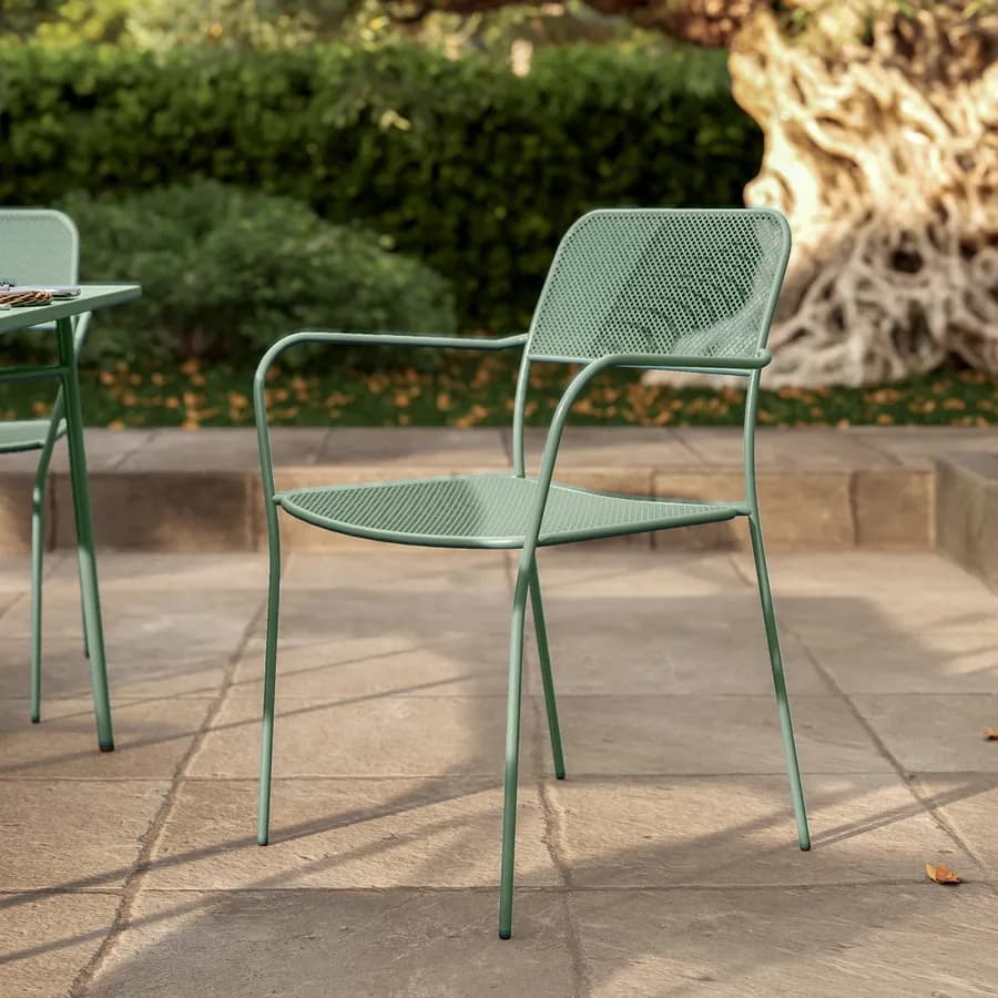 Set pranzo con tavolo 150x80 cm e 4 sedie con braccioli in acciaio verde marino - Faber