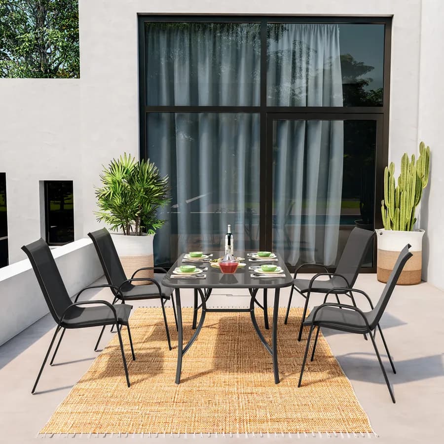 Set pranzo tavolo 150x90 cm e 4 sedie con braccioli in acciaio e textilene antracite - Ninfa