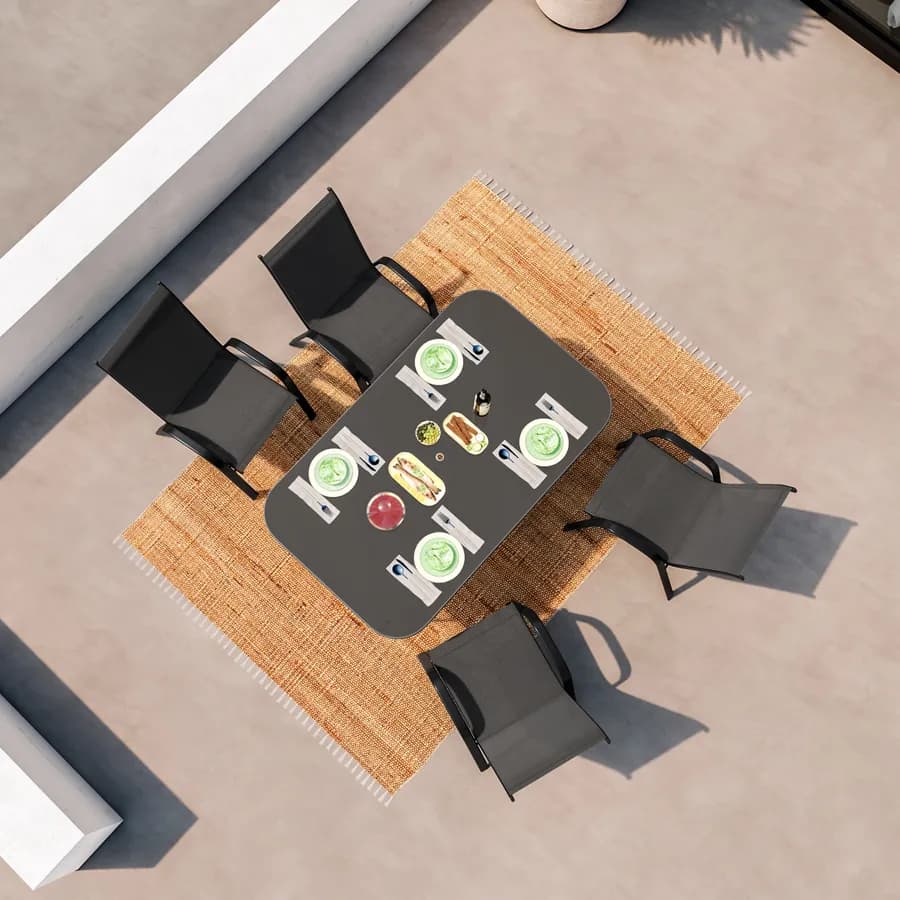 Set pranzo tavolo 150x90 cm e 4 sedie con braccioli in acciaio e textilene antracite - Ninfa