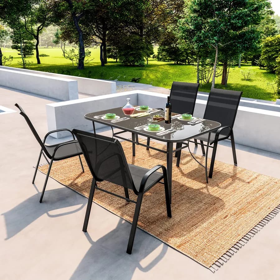Set pranzo tavolo 150x90 cm e 4 sedie con braccioli in acciaio e textilene antracite - Ninfa