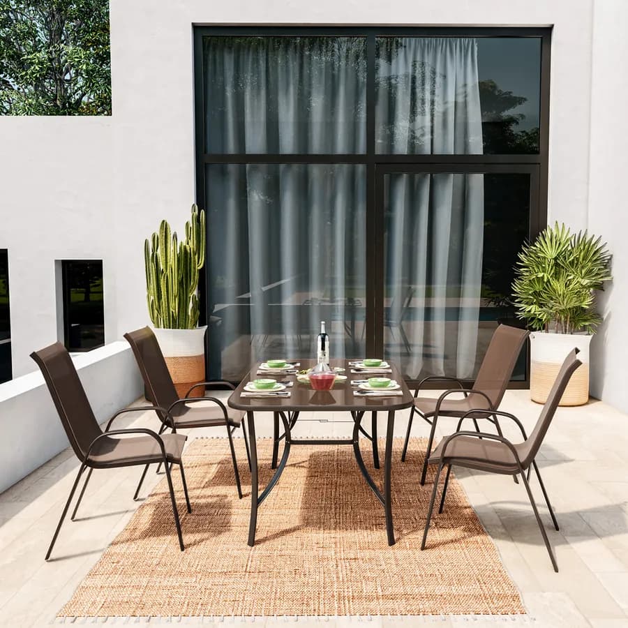 Set pranzo tavolo 150x90 cm e 4 sedie con braccioli in acciaio e textilene marrone - Ninfa