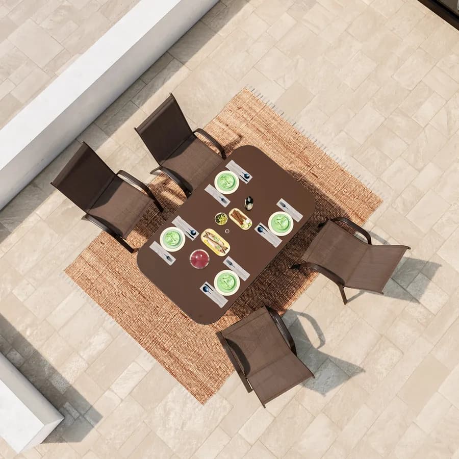 Set pranzo tavolo 150x90 cm e 4 sedie con braccioli in acciaio e textilene marrone - Ninfa