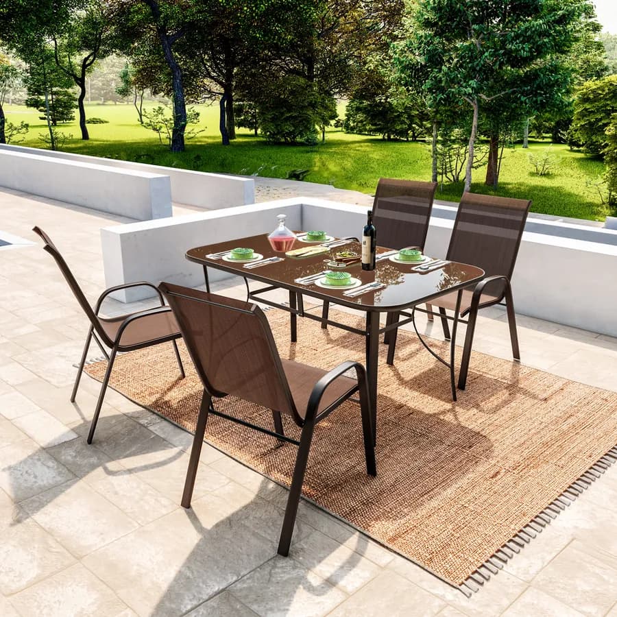 Set pranzo tavolo 150x90 cm e 4 sedie con braccioli in acciaio e textilene marrone - Ninfa