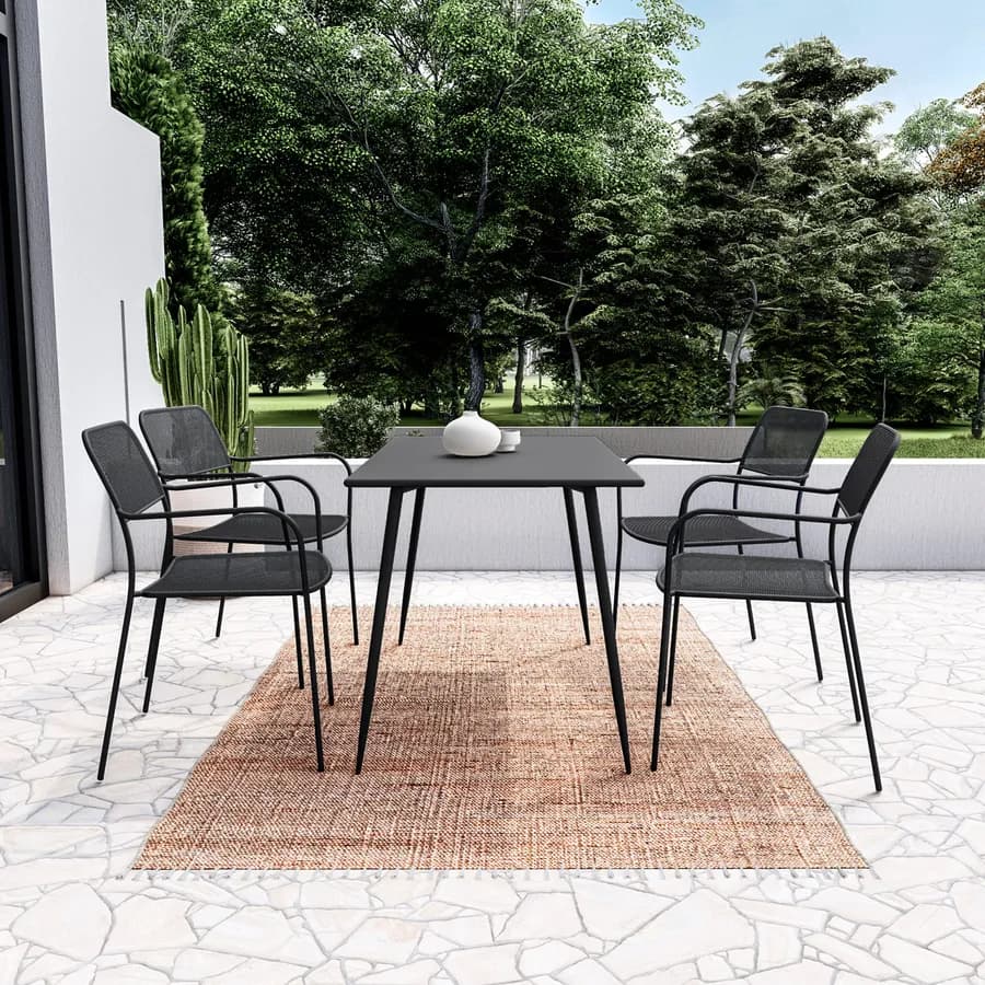 Set pranzo tavolo 70x120 cm e 4 sedie con braccioli in acciaio nero - Faber