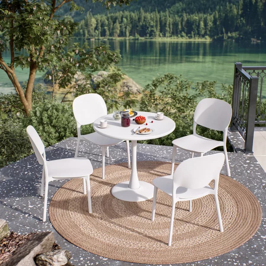 Set pranzo con tavolo rotondo 80 cm e 4 sedie impilabili in polipropilene bianco - Tulipano