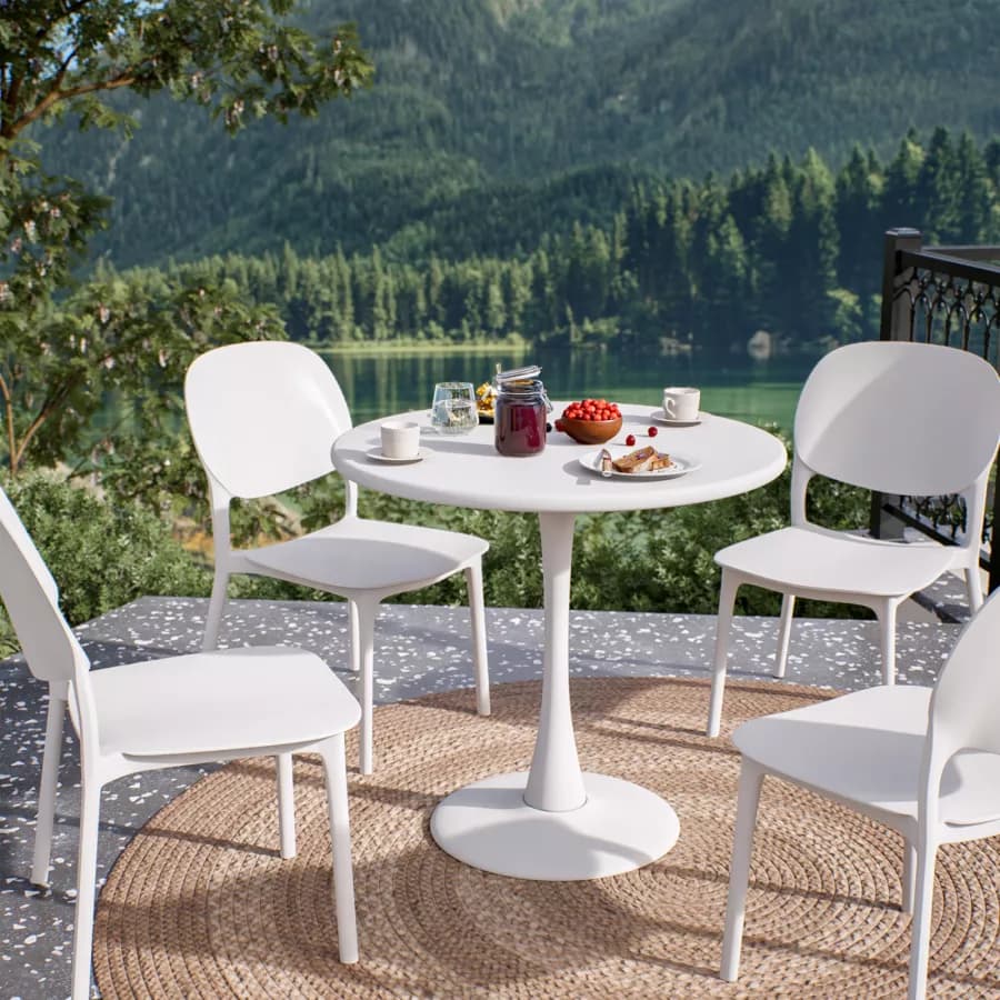 Set pranzo con tavolo rotondo 80 cm e 4 sedie impilabili in polipropilene bianco - Tulipano