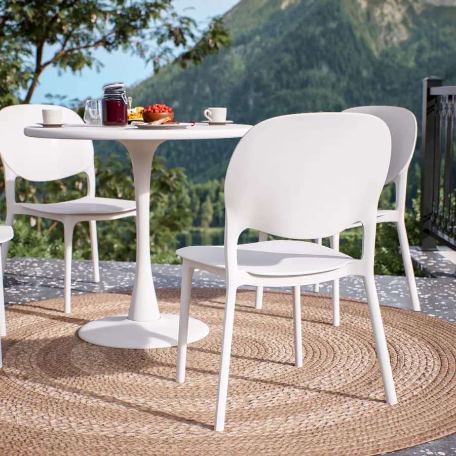 Set pranzo con tavolo rotondo 80 cm e 4 sedie impilabili in polipropilene bianco - Tulipano