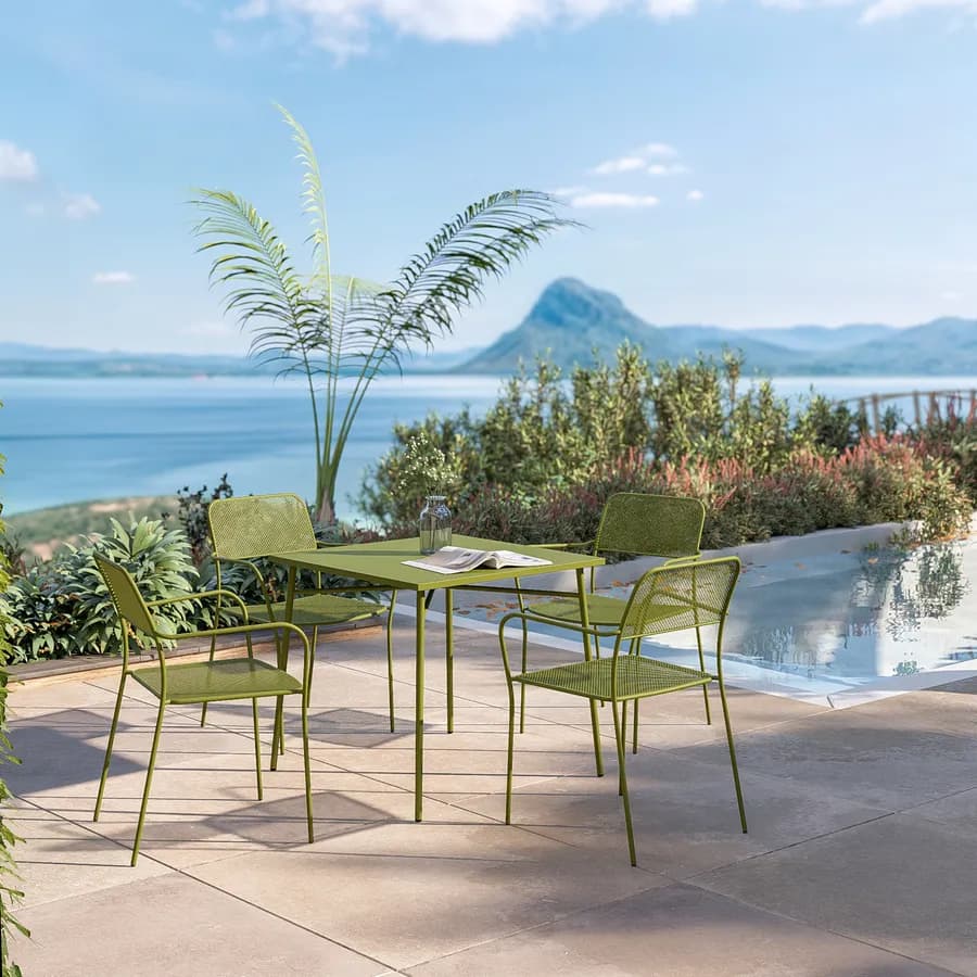 Set pranzo tavolo 80x80 cm e 4 sedie con braccioli in acciaio verde oliva - Faber