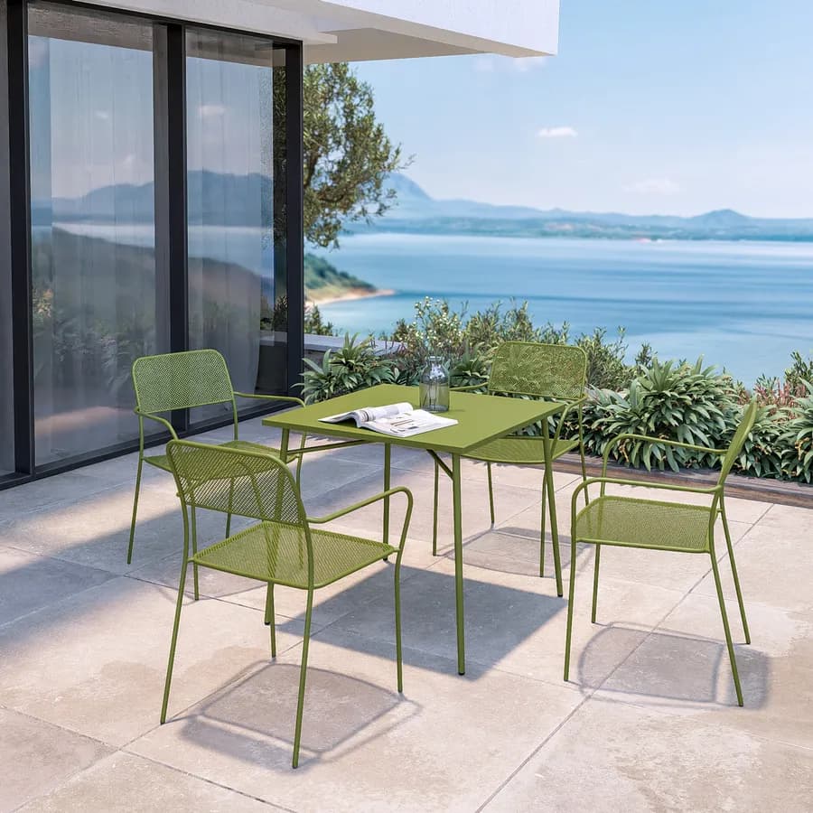 Set pranzo tavolo 80x80 cm e 4 sedie con braccioli in acciaio verde oliva - Faber