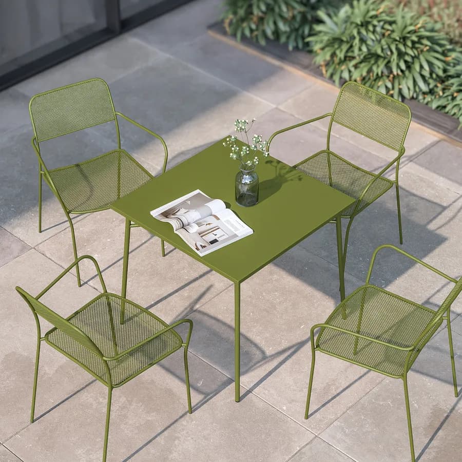 Set pranzo tavolo 80x80 cm e 4 sedie con braccioli in acciaio verde oliva - Faber