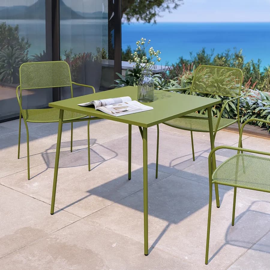 Set pranzo tavolo 80x80 cm e 4 sedie con braccioli in acciaio verde oliva - Faber