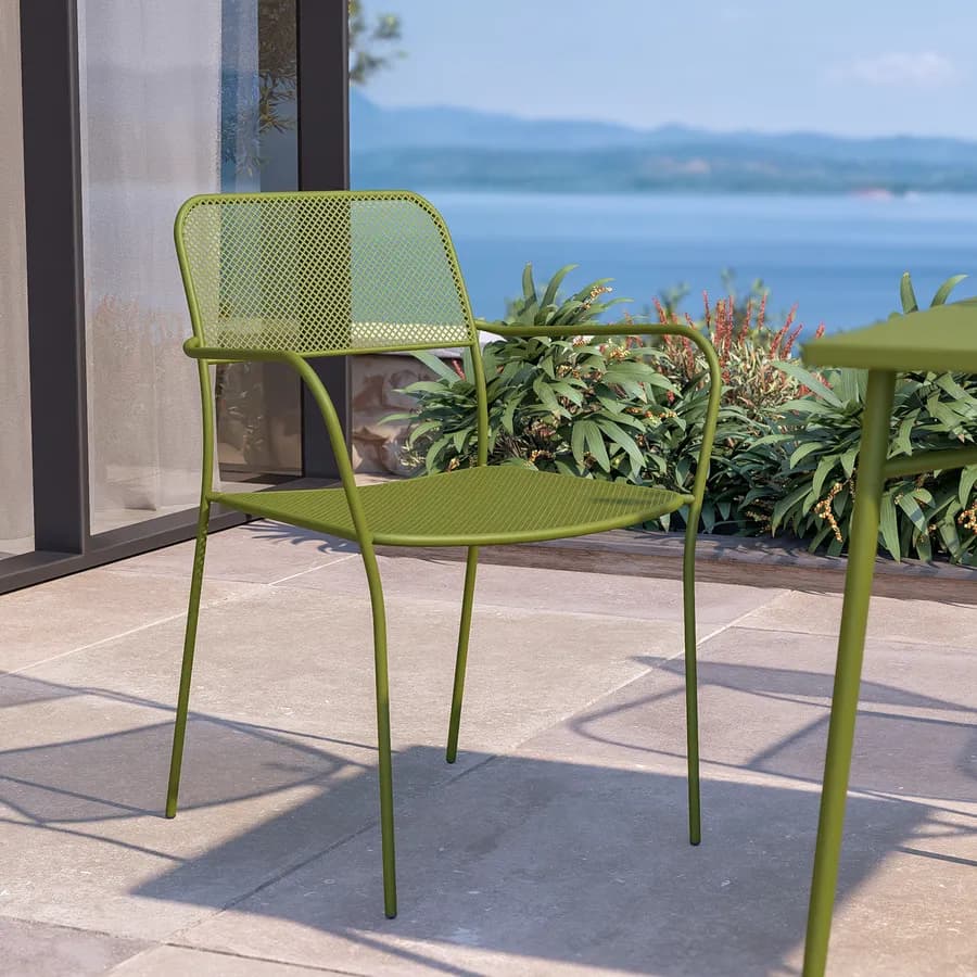 Set pranzo tavolo 80x80 cm e 4 sedie con braccioli in acciaio verde oliva - Faber