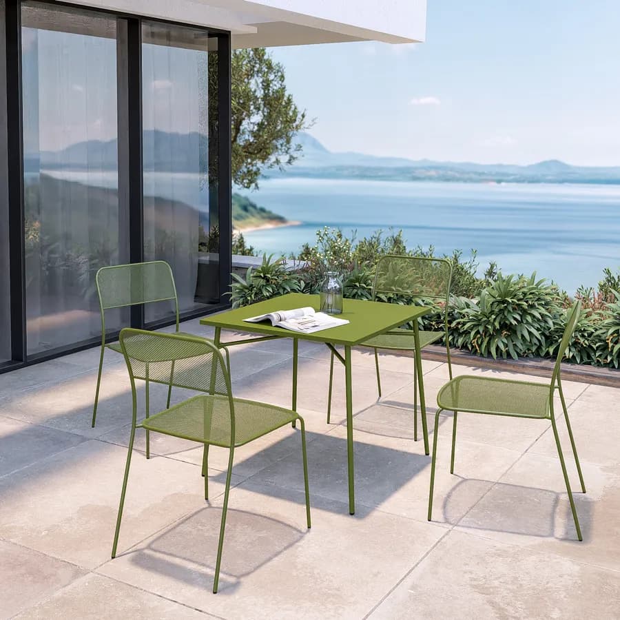 Set pranzo tavolo 80x80 cm e 4 sedie in acciaio verde oliva - Faber