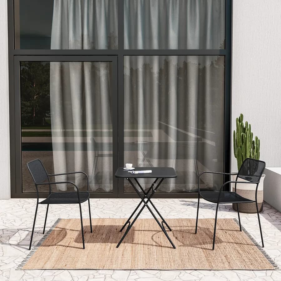 Set bistrot tavolo pieghevole 60x60 cm e 2 sedie con braccioli in acciaio nero - Faber