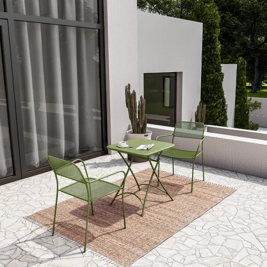 Set bistrot tavolo pieghevole 60x60 cm e 2 sedie con braccioli in acciaio verde oliva - Faber