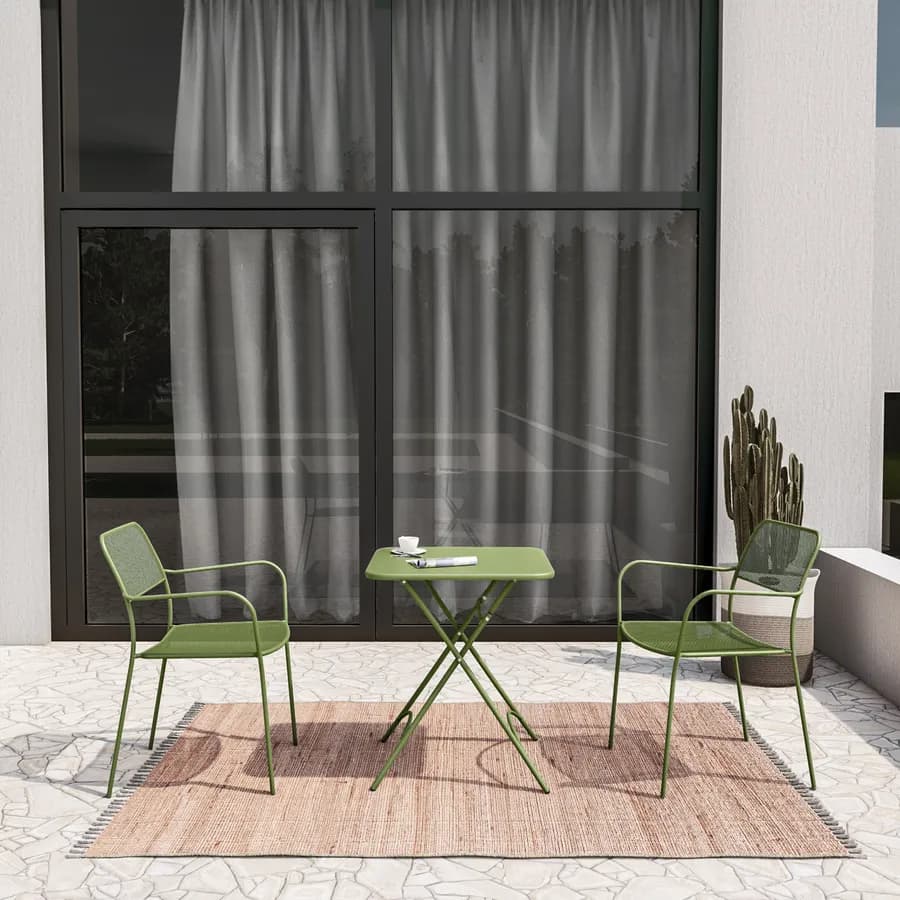 Set bistrot tavolo pieghevole 60x60 cm e 2 sedie con braccioli in acciaio verde oliva - Faber