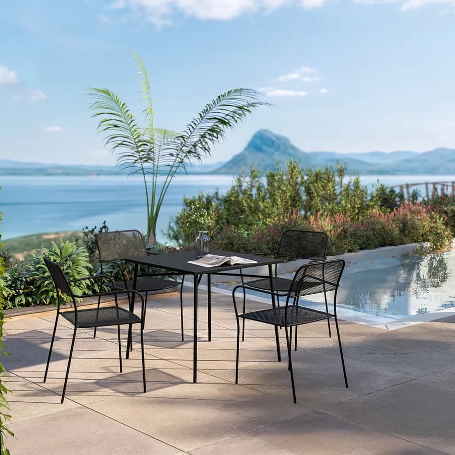 Set pranzo tavolo 80x80 cm e 4 sedie con braccioli in acciaio nero - Faber