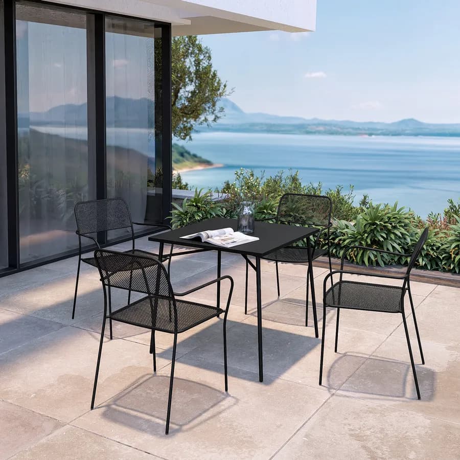 Set pranzo tavolo 80x80 cm e 4 sedie con braccioli in acciaio nero - Faber