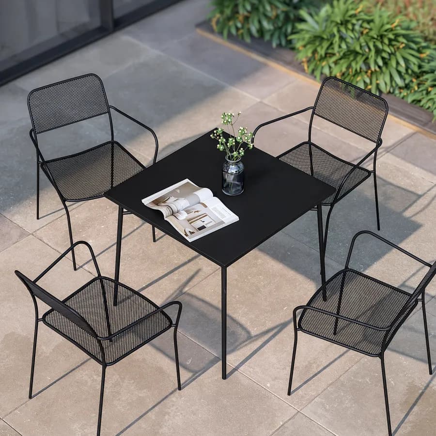 Set pranzo tavolo 80x80 cm e 4 sedie con braccioli in acciaio nero - Faber