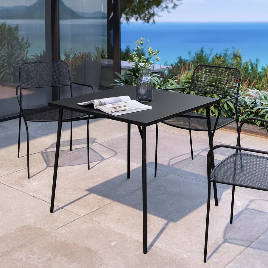 Set pranzo tavolo 80x80 cm e 4 sedie con braccioli in acciaio nero - Faber
