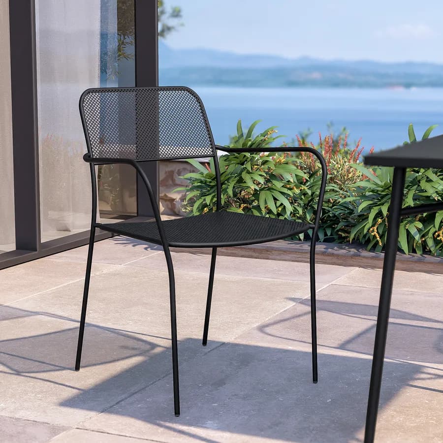 Set pranzo tavolo 80x80 cm e 4 sedie con braccioli in acciaio nero - Faber