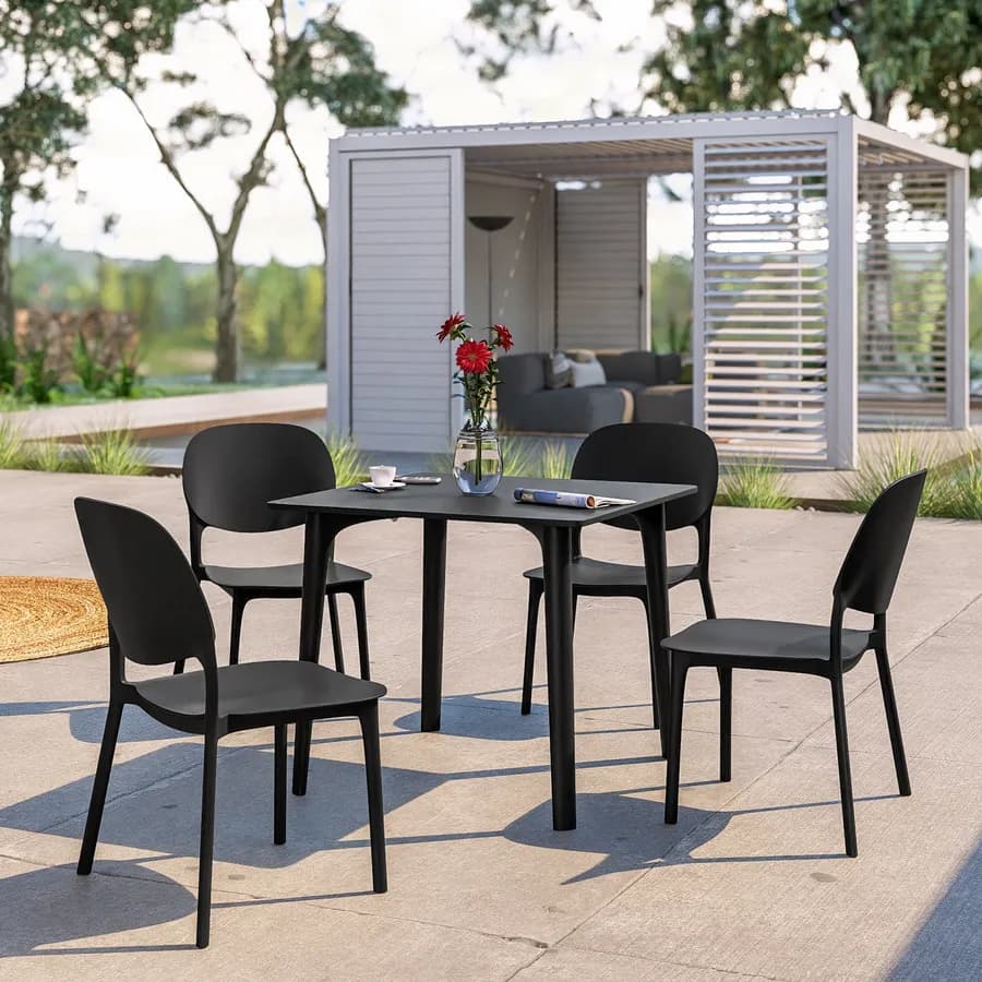 Set pranzo da giardino con tavolo 80x80 cm e 4 sedie in polipropilene nero - Qalis