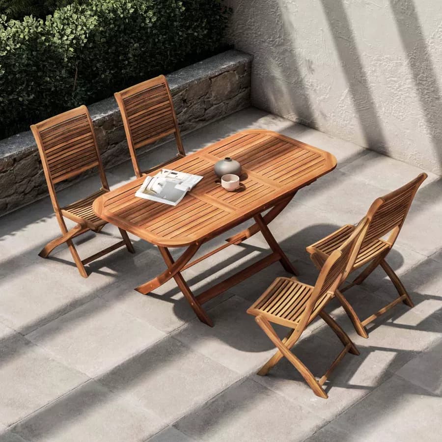 Set pranzo con tavolo allungabile 120/160x80 cm e 4 sedie pieghevoli in legno di acacia - Paja