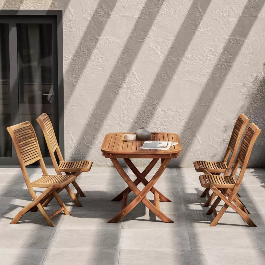 Set pranzo con tavolo allungabile 120/160x80 cm e 4 sedie pieghevoli in legno di acacia - Paja