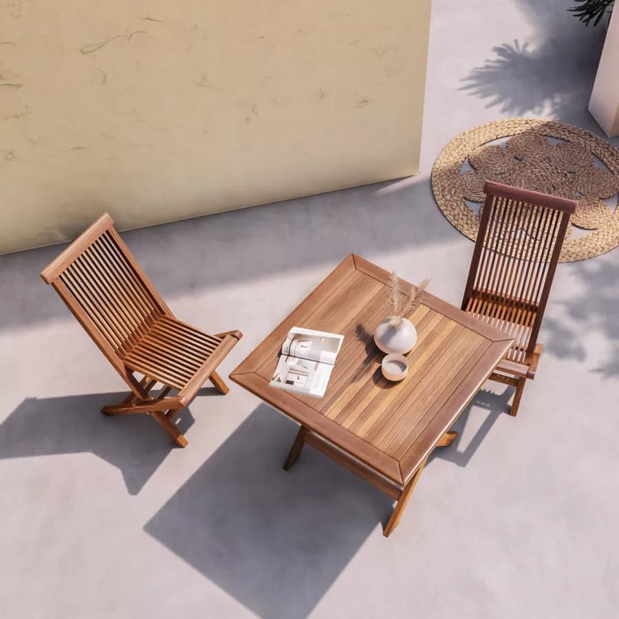 Set pranzo tavolo pieghevole 80x80 cm e 2 sedie in legno teak - Louis