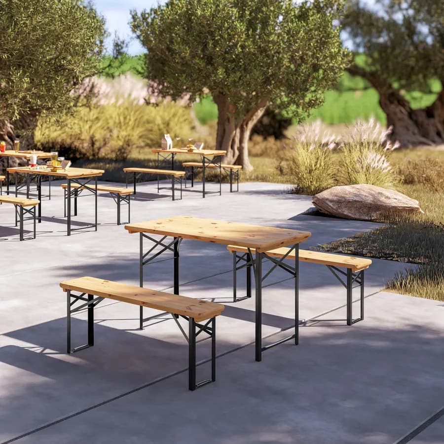 Set pranzo stile birreria con tavolo 120x60 cm e due panche in acciaio nero e legno - Noize