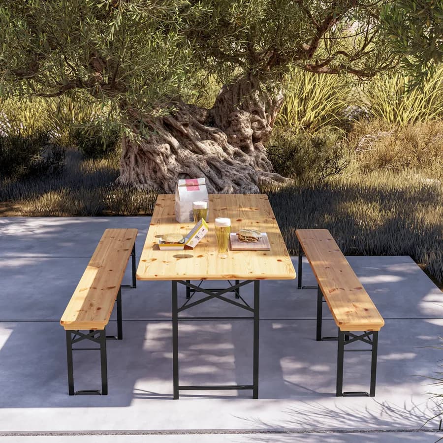 Set pranzo stile birreria tavolo 200x80 cm e 2 panche in acciaio nero e legno - Noize