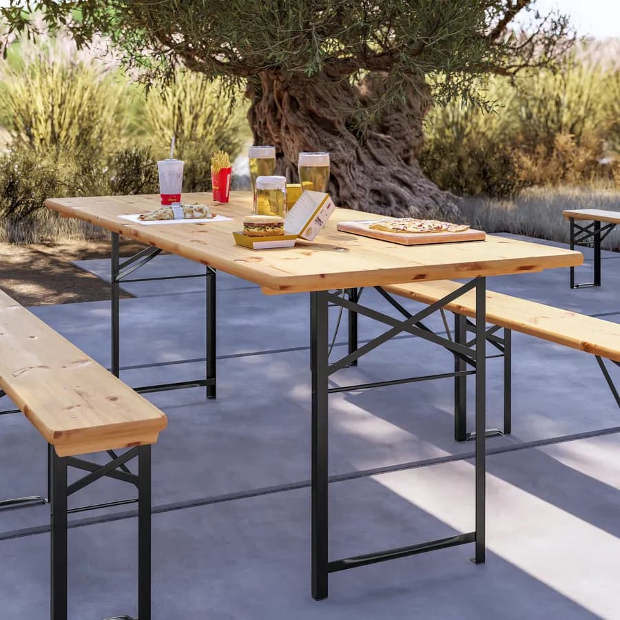 Set pranzo stile birreria tavolo 200x80 cm e 2 panche in acciaio nero e legno - Noize