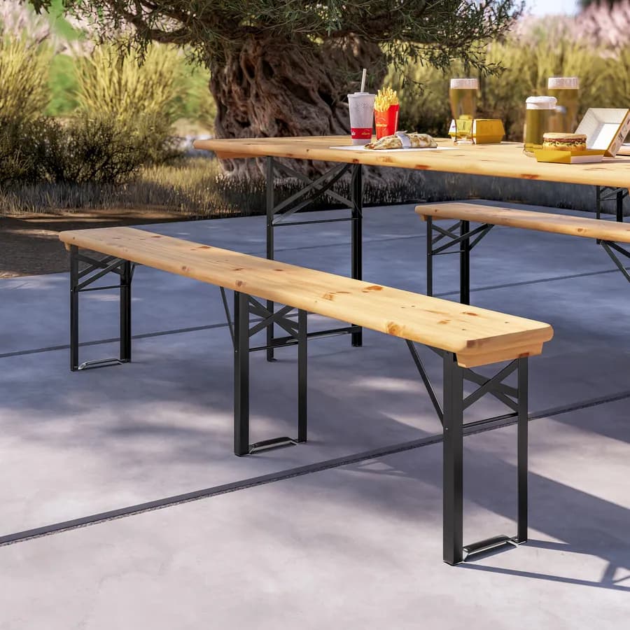 Set pranzo stile birreria tavolo 200x80 cm e 2 panche in acciaio nero e legno - Noize