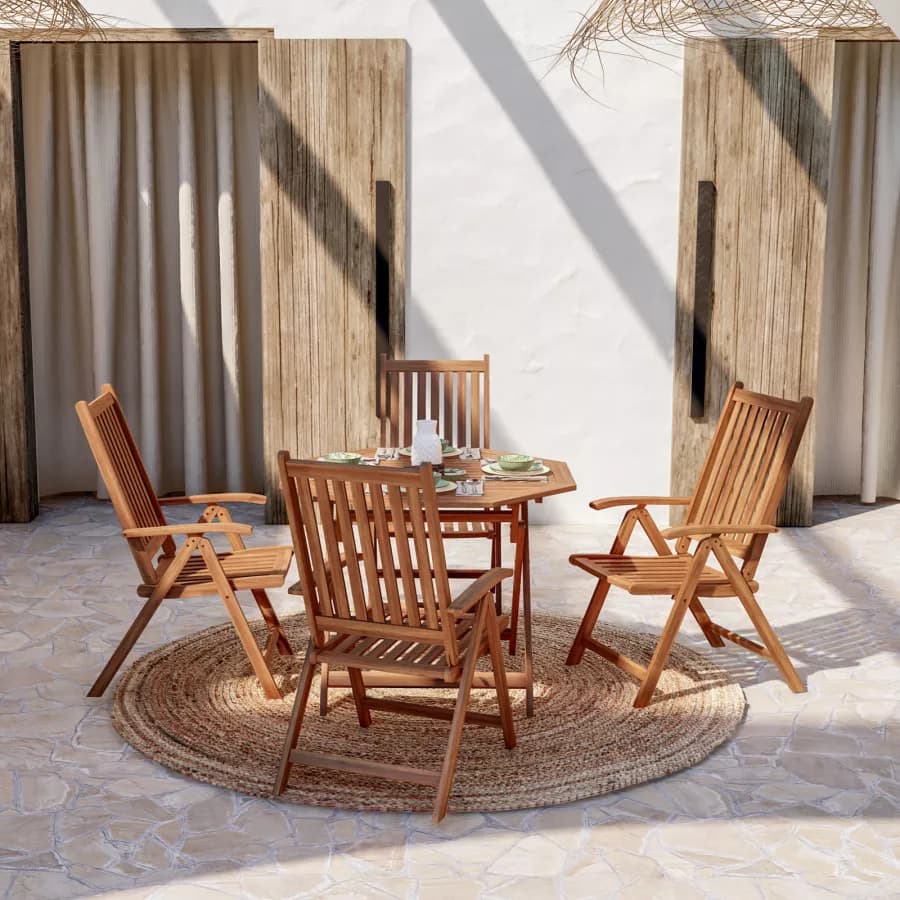 Set pranzo tavolo rotondo 100 cm e 4 sedie con braccioli regolabili in legno di acacia - Paja