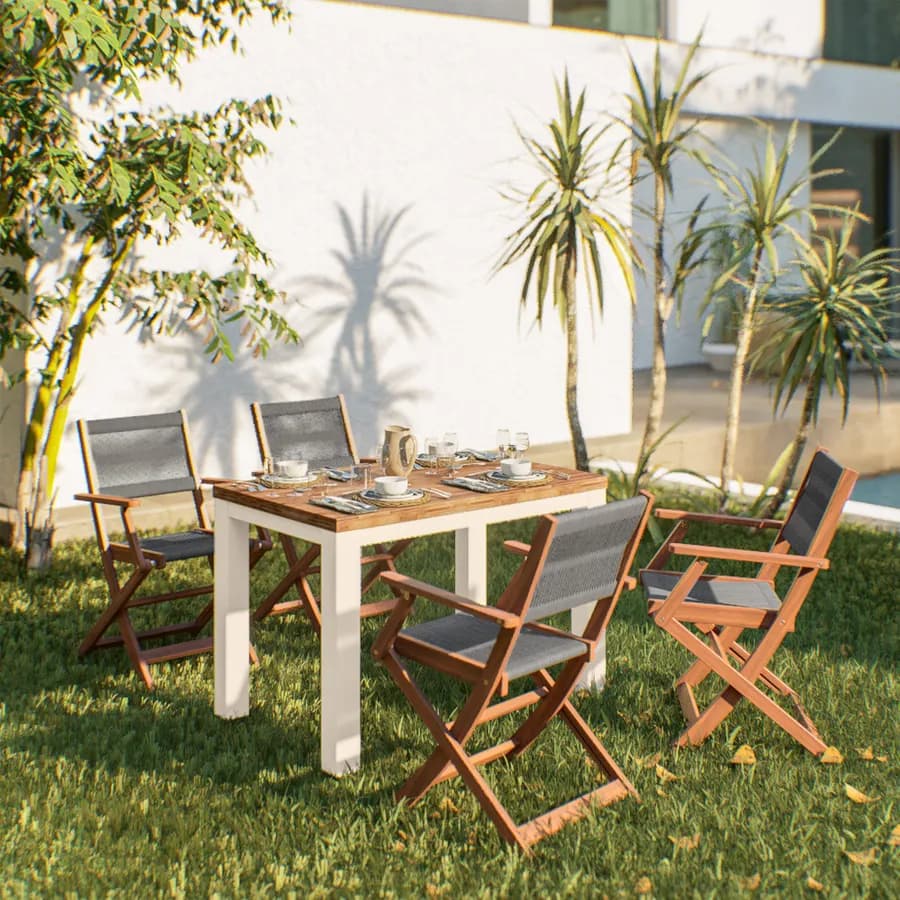 Set pranzo tavolo 115x70 cm e 4 sedie pieghevoli con braccioli in legno di acacia e corda grigia - Yadira