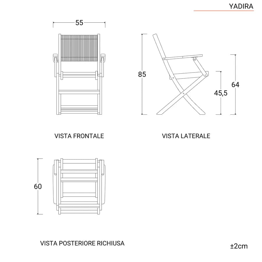 Set pranzo tavolo 115x70 cm e 4 sedie pieghevoli con braccioli in legno di acacia e corda grigia - Yadira