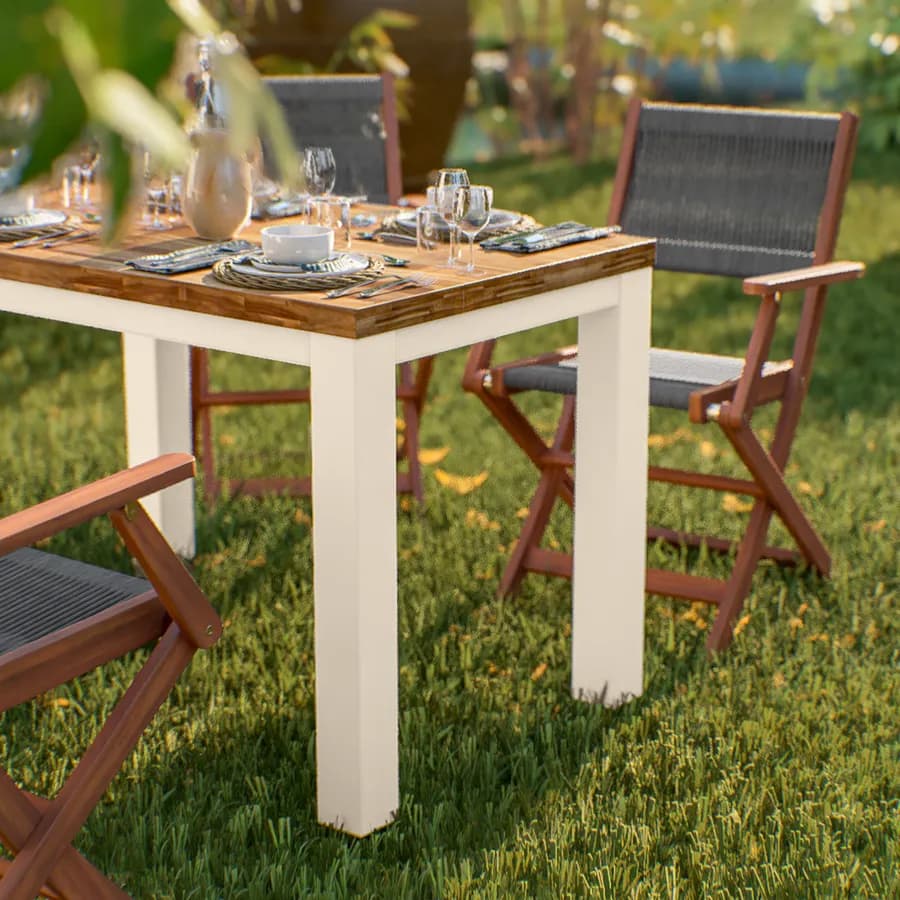 Set pranzo tavolo 115x70 cm e 4 sedie pieghevoli con braccioli in legno di acacia e corda grigia - Yadira