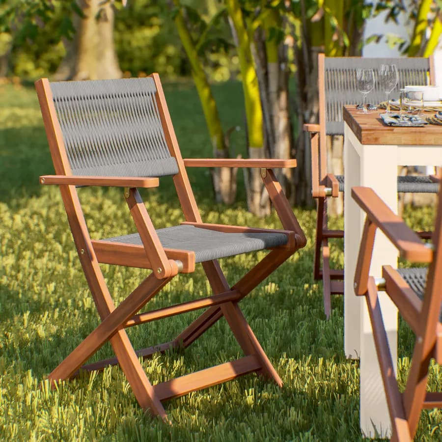 Set pranzo tavolo 115x70 cm e 4 sedie pieghevoli con braccioli in legno di acacia e corda grigia - Yadira