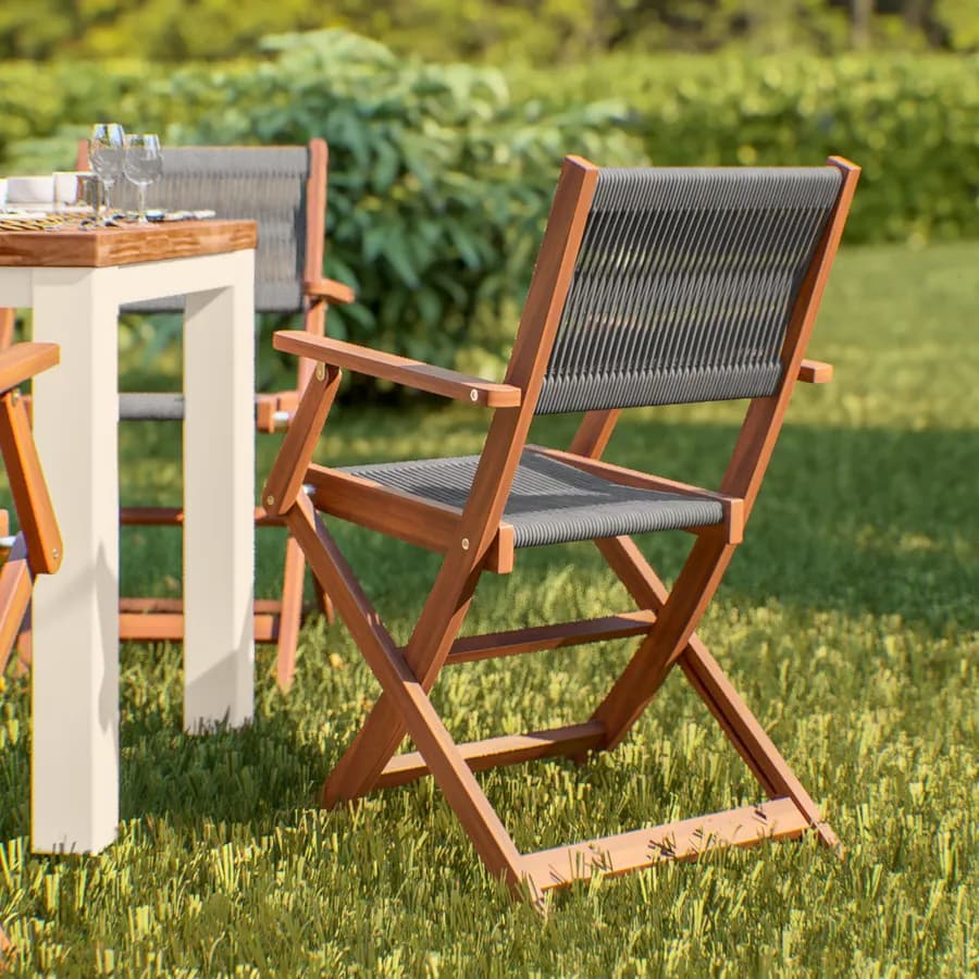 Set pranzo tavolo 115x70 cm e 4 sedie pieghevoli con braccioli in legno di acacia e corda grigia - Yadira