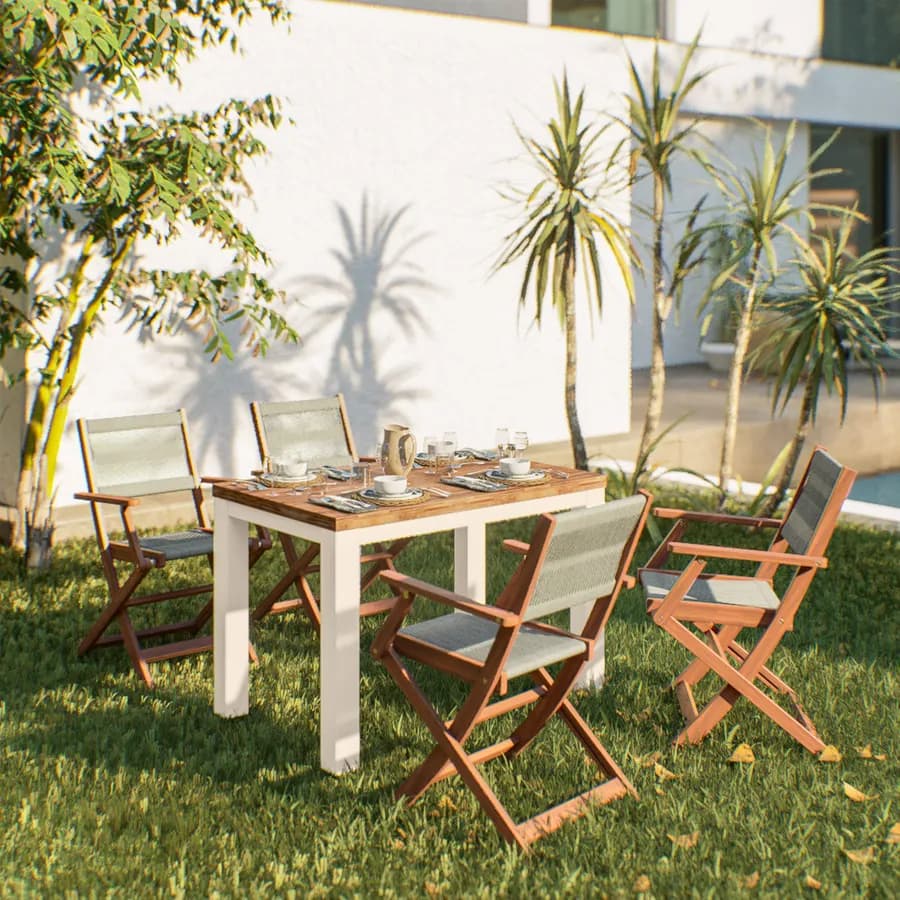 Set pranzo tavolo 115x70 cm e 4 sedie pieghevoli con braccioli in legno di acacia e corda tortora - Yadira